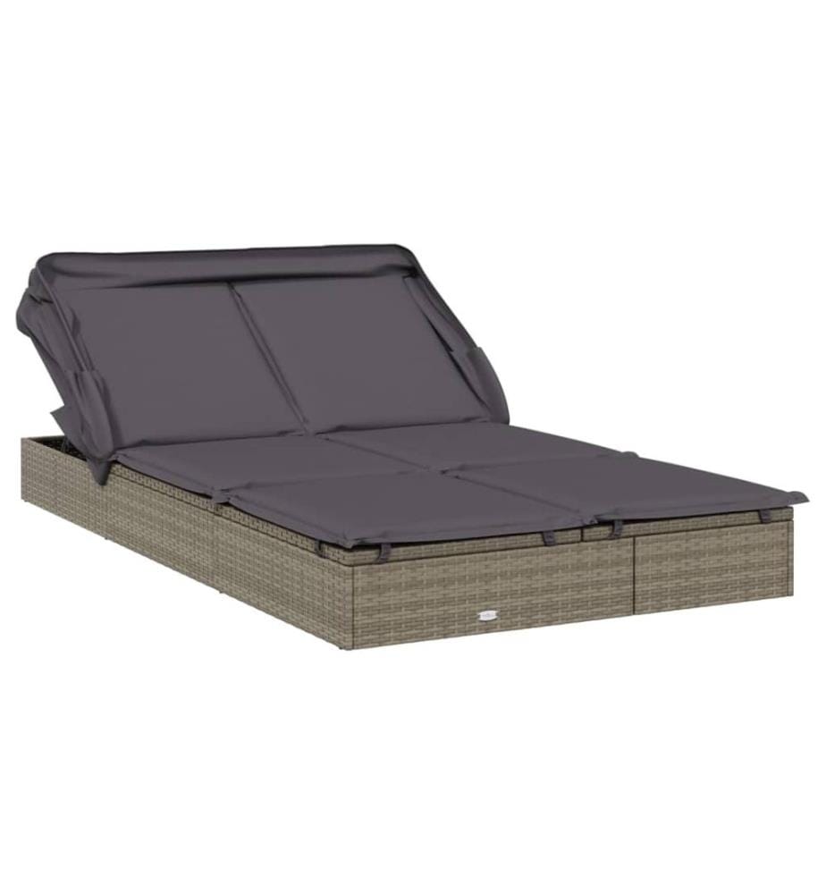 2-Personen-Sonnenliege mit Dach Grau 213x118x97 Poly Rattan
