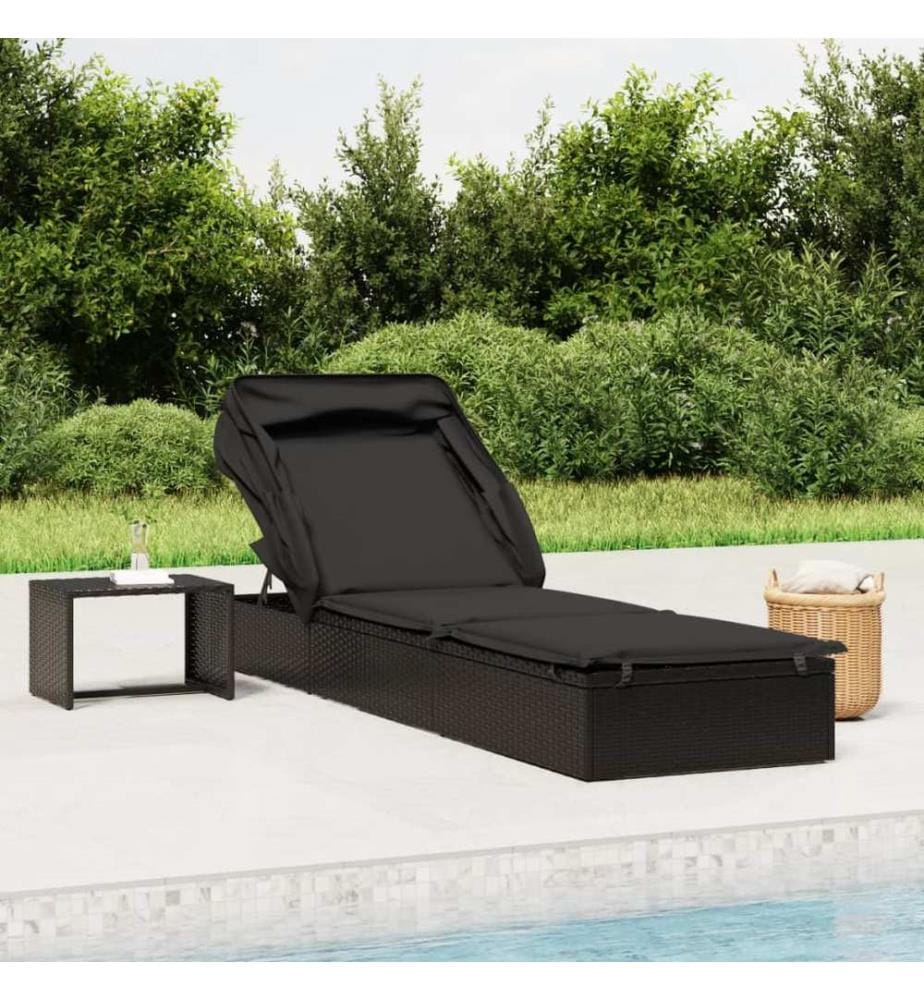 Sonnenliege mit Faltdach Schwarz 213x63x97 cm Poly Rattan