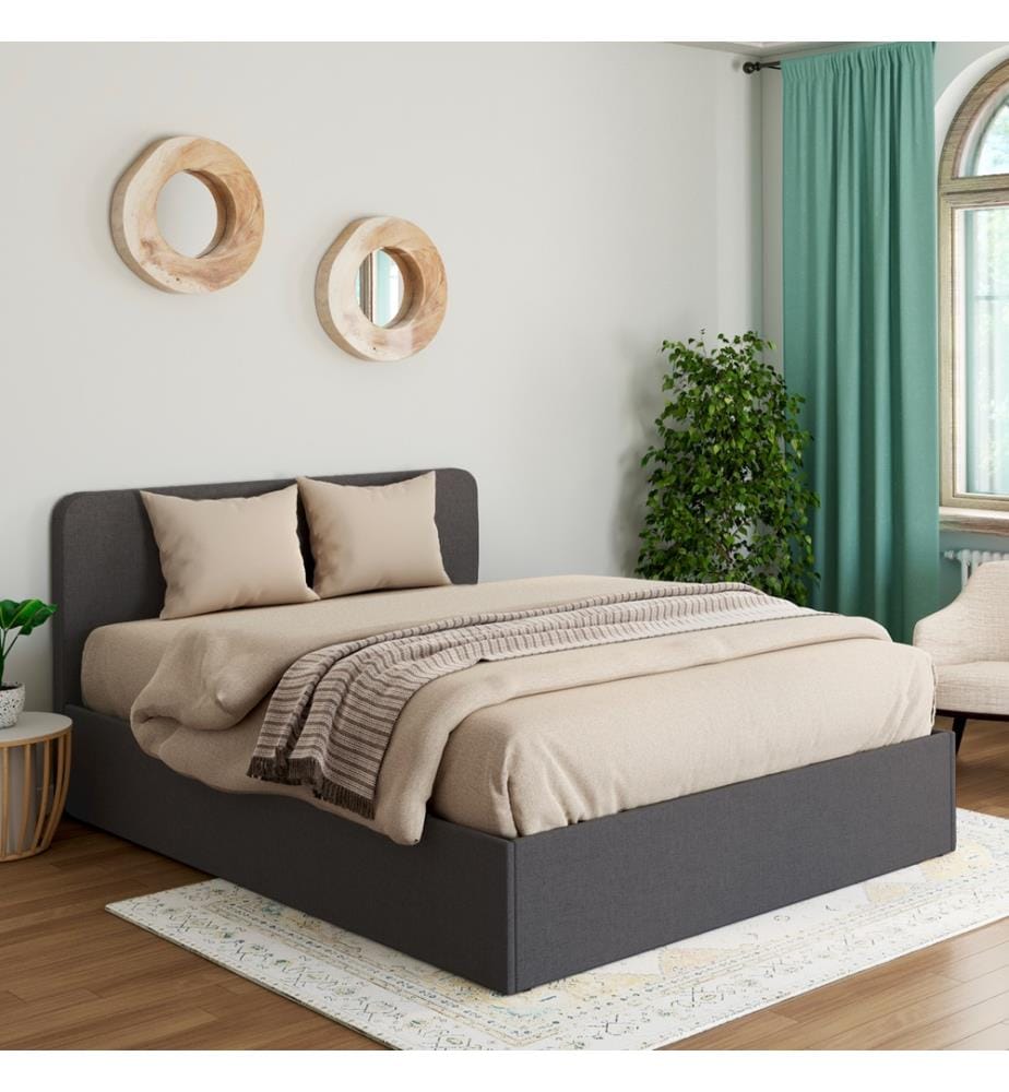 Lit Coffre en Tissu et Tête de Lit Arrondie Louise 140x190cm - Gris