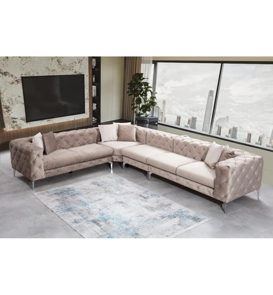 Corner Sofa, Beige, Beech Wood / Chipboard Frame, Polyester Fabric