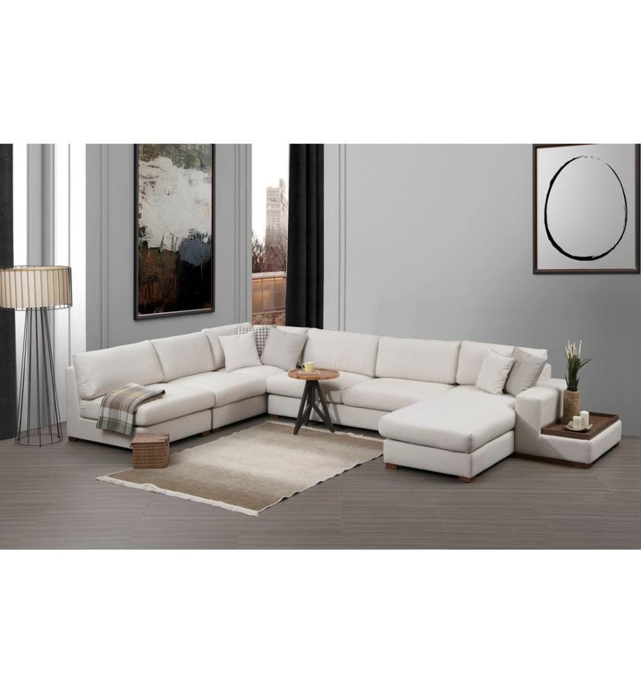 Divano angolare, beige, struttura in legno di faggio/truciolato, tessuto in poliestere