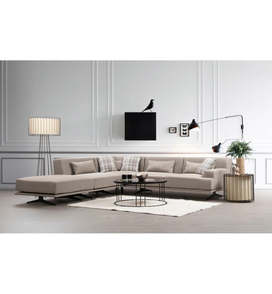 Divano angolare, beige, struttura in legno di faggio/truciolato, tessuto in poliestere