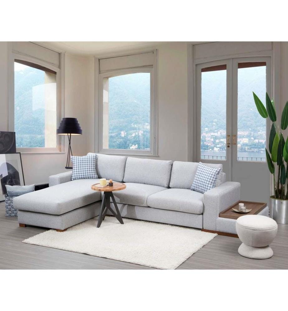 Corner Sofa, Light Grey, Beech Wood / Chipboard Frame, Polyester Fabric