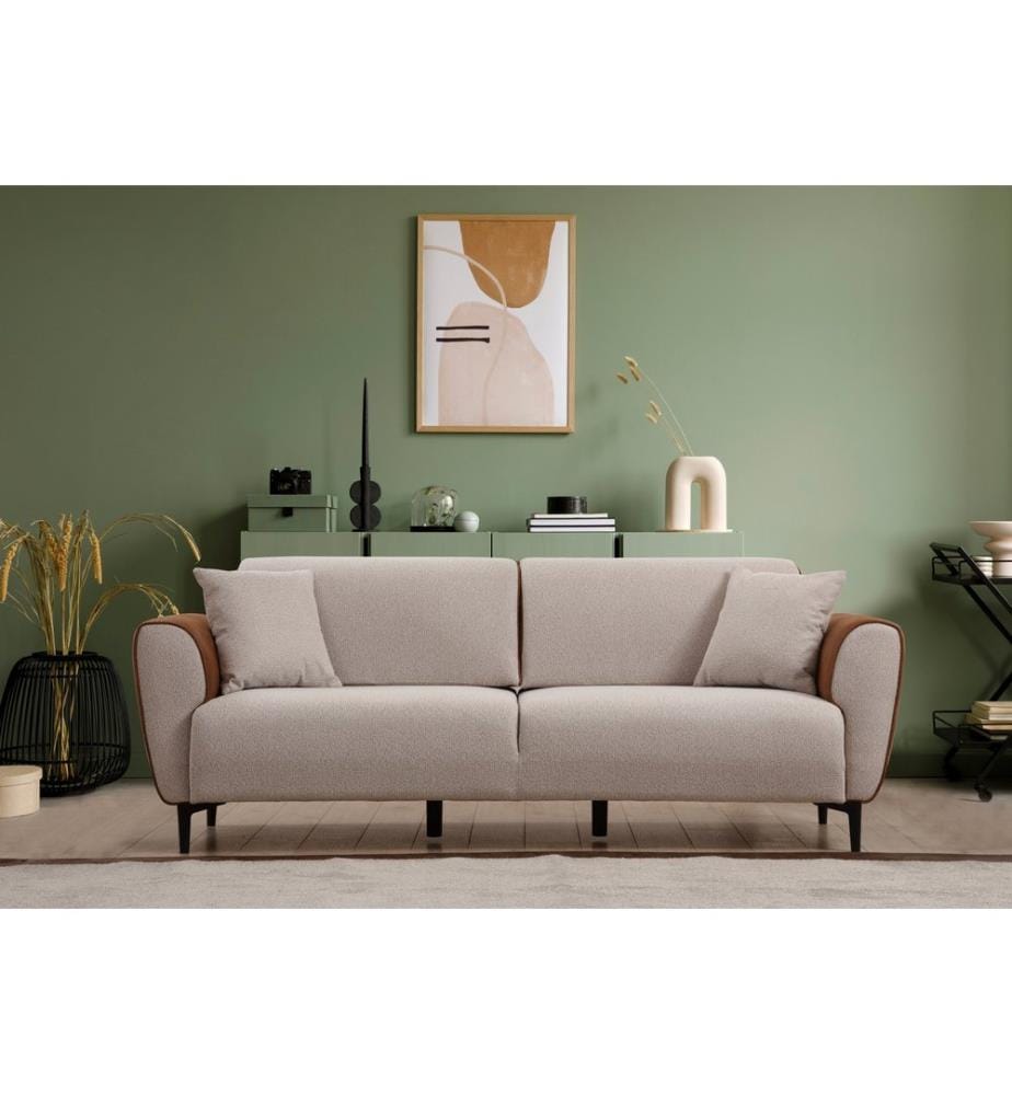 3-Seat Sofa-Bed, Beige, Cinnamon, Frame: Beech Wood / Chipboard, Fabric: 100% Polyester