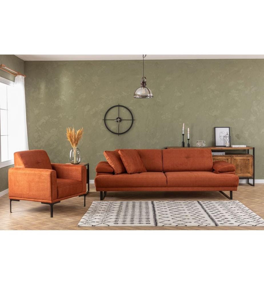 Ohrensessel, orange, Gestell aus Buchenholz/Spanplatte, Polyesterbezug