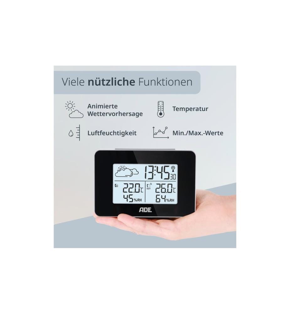 ADE - Station météo avec capteur extérieur sans fil avec horloge radio DCF, noir