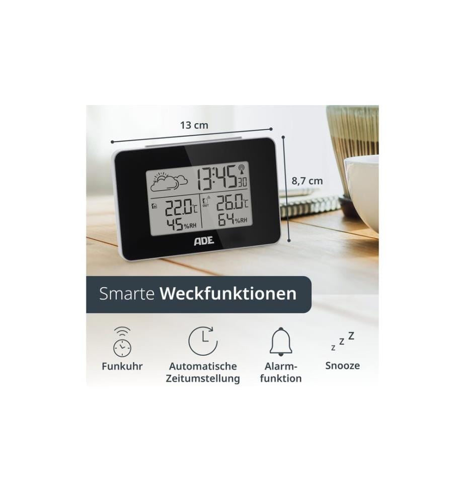 ADE - Station météo avec capteur extérieur sans fil avec horloge radio DCF, noir
