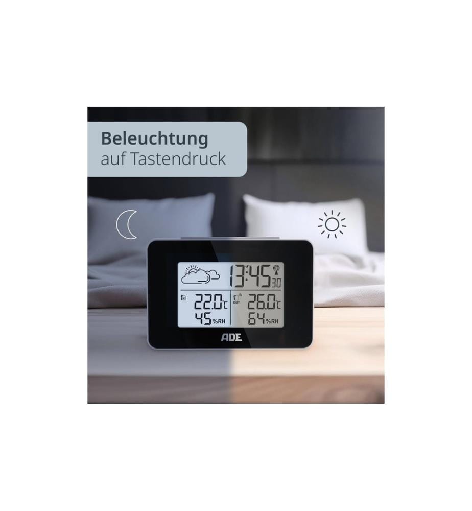 ADE - Station météo avec capteur extérieur sans fil avec horloge radio DCF, noir
