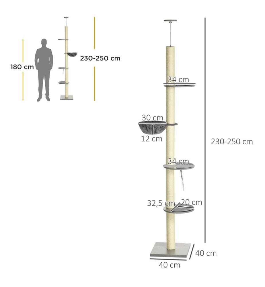 Cat scratching post ceiling high 230-250 cm with hammock