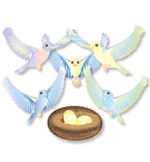 Oiseaux de printemps magnétiques avec nid 6 pcs.