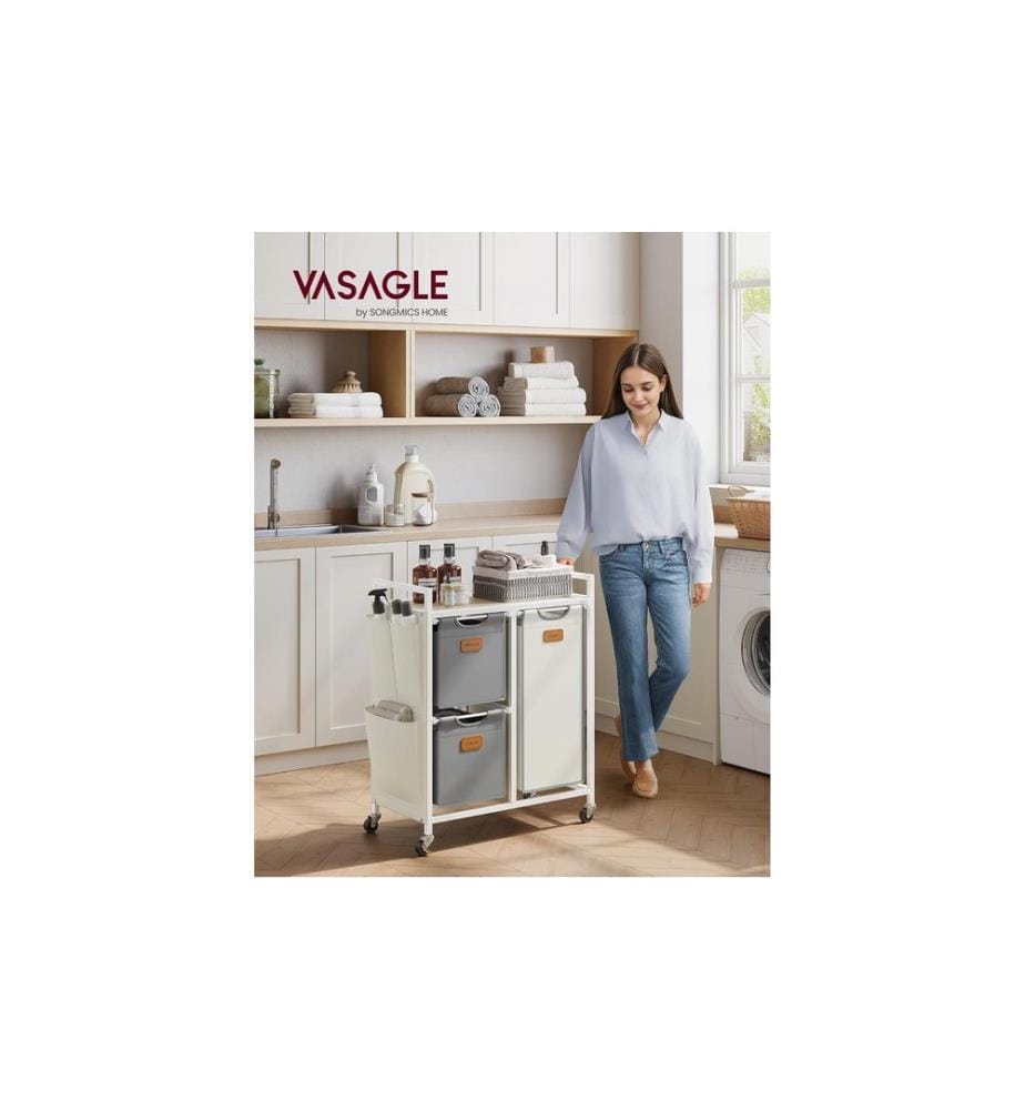 VASAGLE - Corbeille à linge avec 3 compartiments 100 l, Beige/Gris