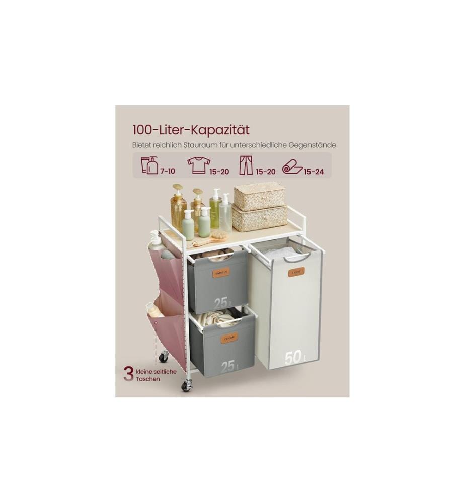 VASAGLE - Corbeille à linge avec 3 compartiments 100 l, Beige/Gris