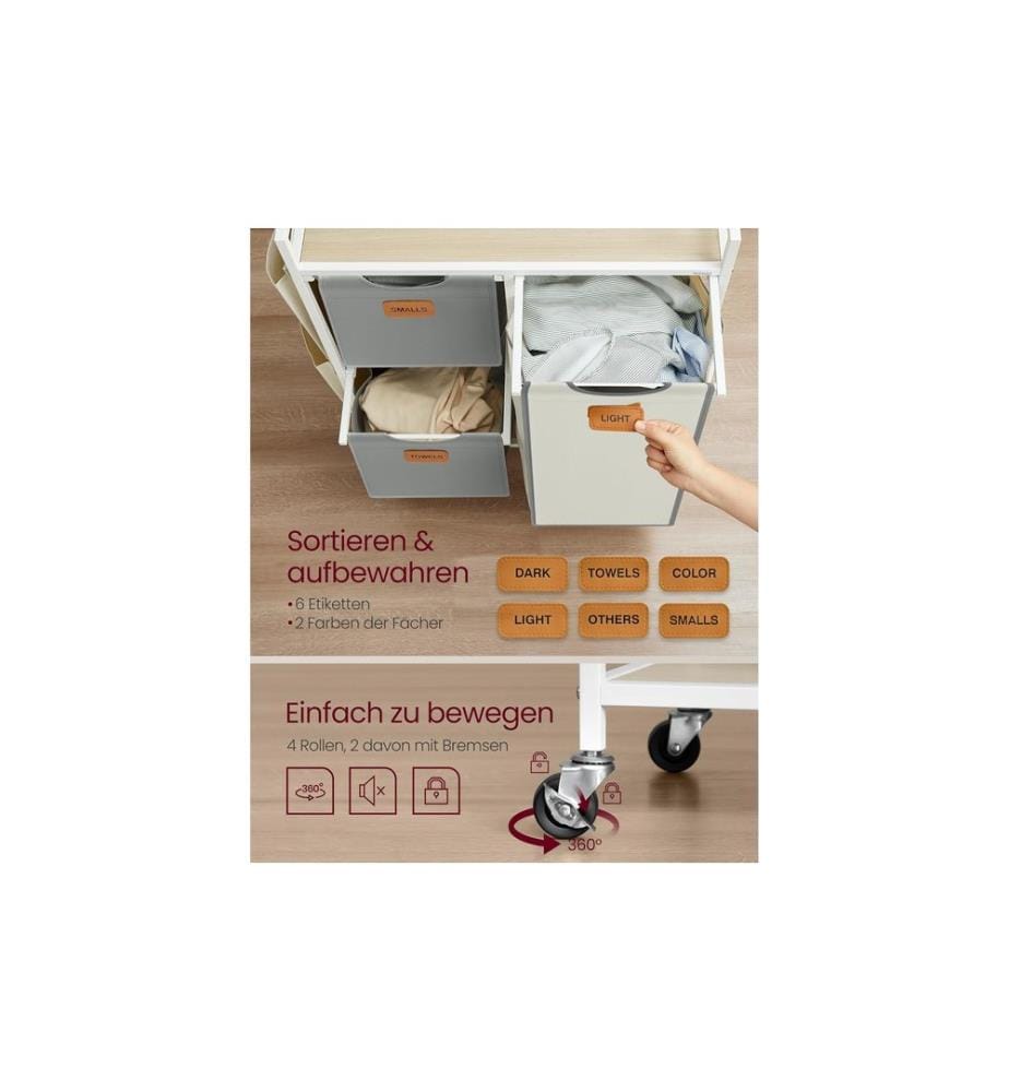 VASAGLE - Corbeille à linge avec 3 compartiments 100 l, Beige/Gris