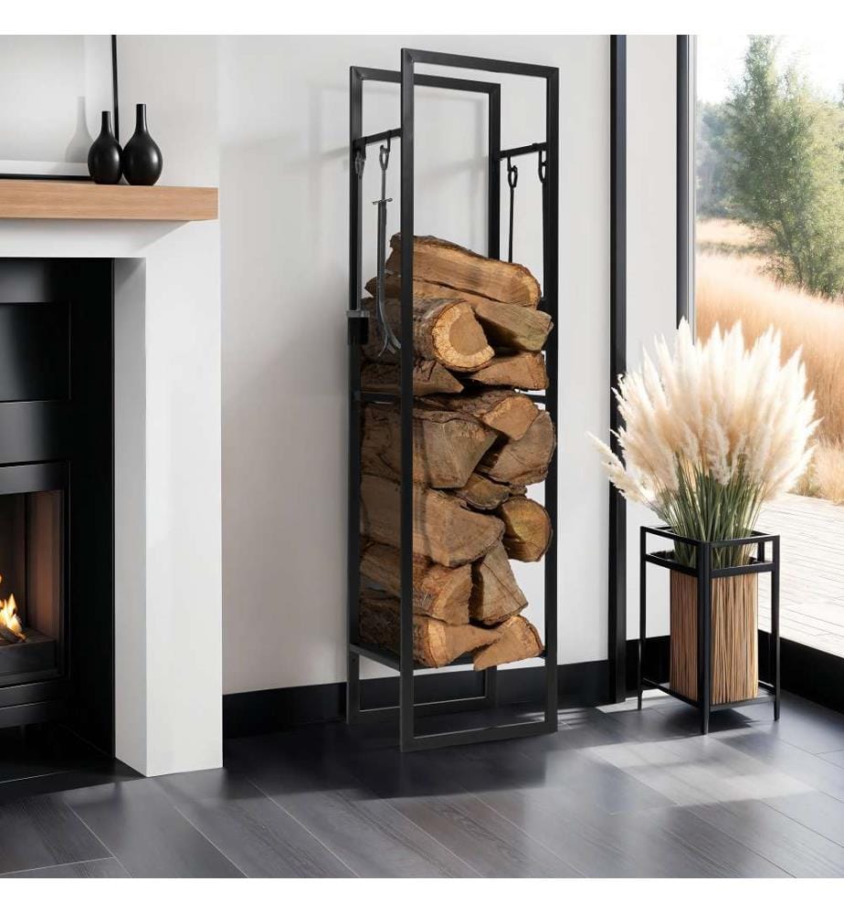 Range bûches avec étagère et accessoires 170 cm - Noir