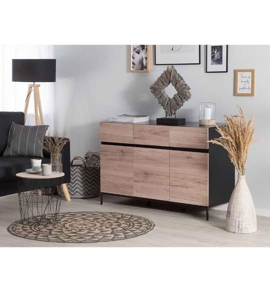 Buffet au Design Industriel composé de 3 Tiroirs et de 3 Portes Imitation Bois Clair et Structure en Métal Noir Mat 80 cm de Hauteur
