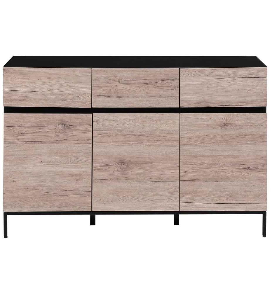 Buffet au Design Industriel composé de 3 Tiroirs et de 3 Portes Imitation Bois Clair et Structure en Métal Noir Mat 80 cm de Hauteur