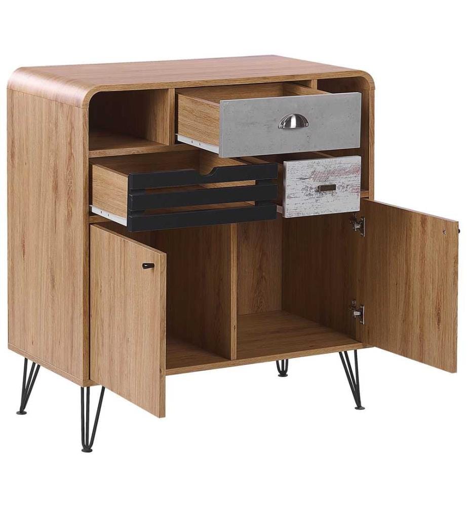 Sideboard Grau Schwarz Heller Holzfarbton Faserplatte Metall 87 x 80 x 40 cm Retro Holzoptik Funktional Praktisch Wohnzimmer