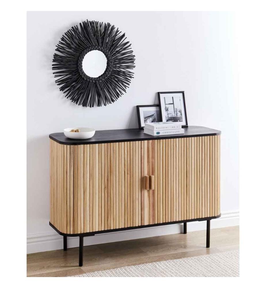 Sideboard Hellbraun und Schwarz Paulowniaholz mit 2 Schiebetüren 120 x 40 x 81 cm Lamellenoptik Holzpaneele Modern Wohnzimmer Schlafzimmer