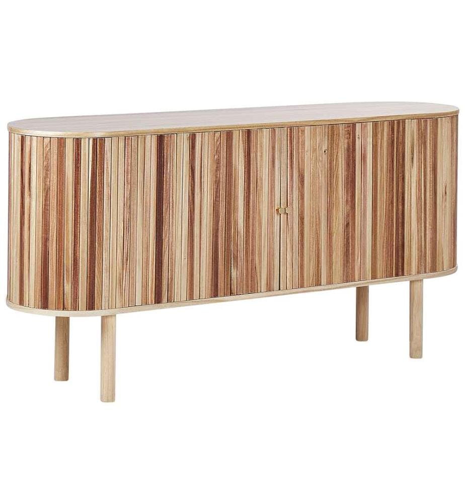 TV-Möbel Hellbraun Paulowniaholz mit 2 Schiebetüren 149 x 40 x 75 cm Lamellenoptik Holzpaneele Modern Wohnzimmer Schlafzimmer Ausstattung