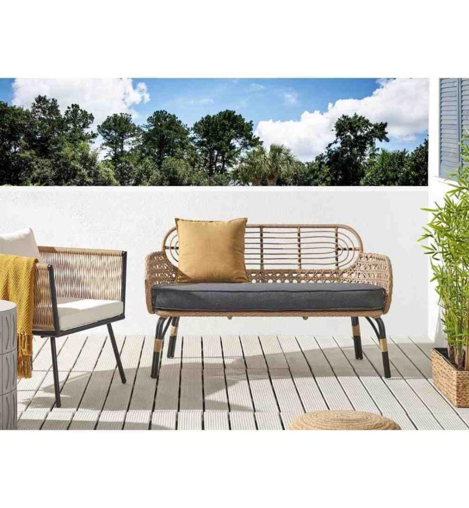 Banc avec coussin d'assise PRATELLO 122 cm Polyrotin Naturel