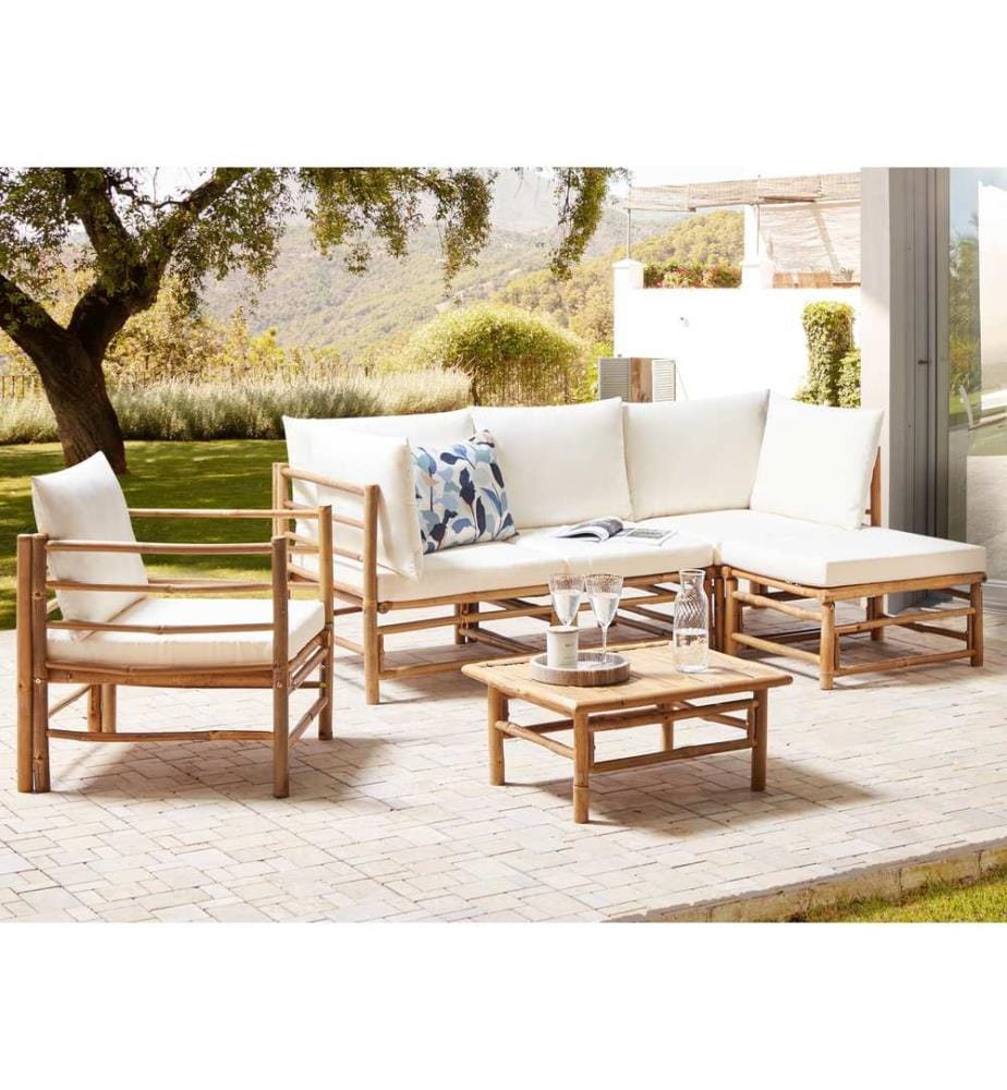 Lounge Set mit Tisch 5-Sitzer CERRETO linksseitig Bambus Cremeweiss