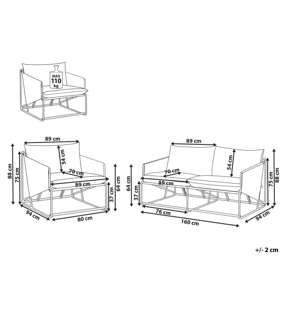Gartensofa Set 3-Sitzer PONTE Metall Grau
