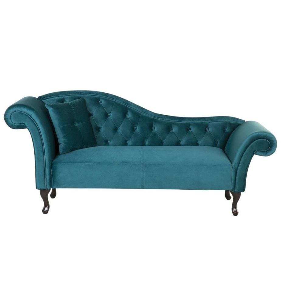 Chaiselongue Linksseitig Blaugrün Samtstoff Holzfüsse Glamourös Mit Zierkissen