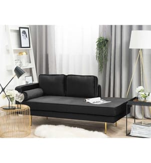 Chaiselongue Schwarz Polsterbezug aus Samtstoff linksseitig mit Armlehne Zierkissen und Metallbeinen Glamouröser Stil