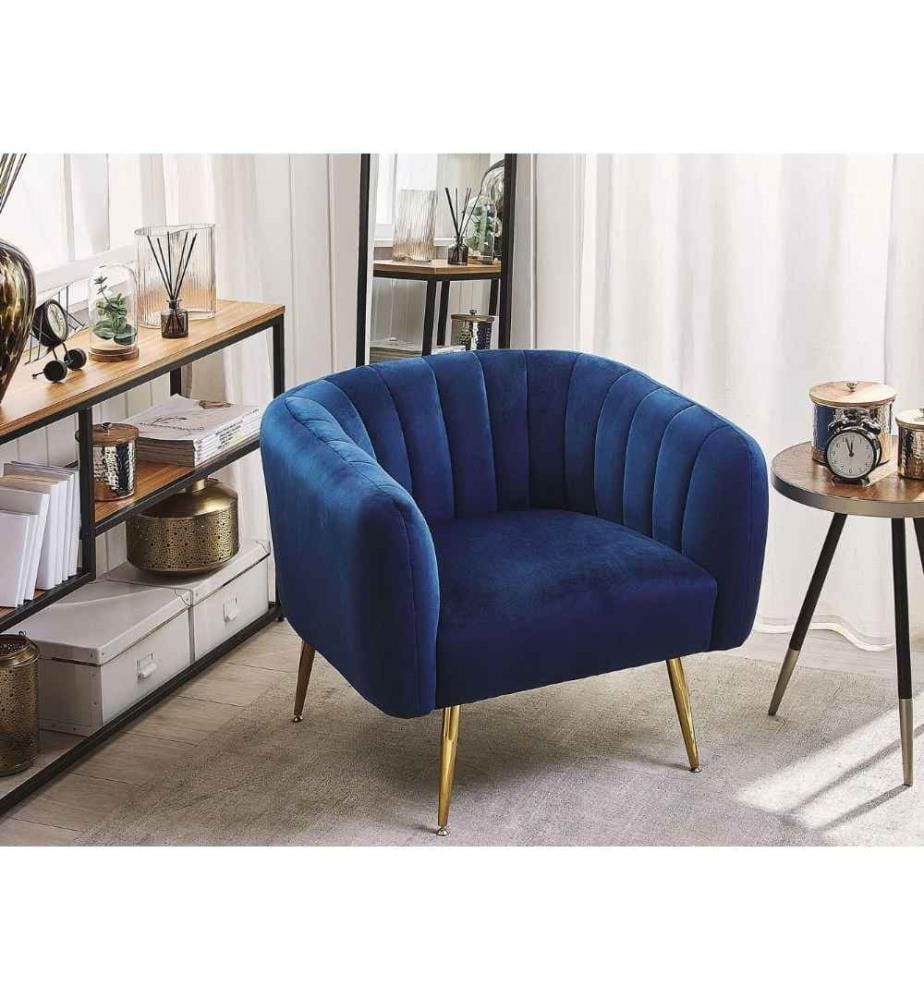 Cocktailsessel Blau Polsterbezug aus Samtstoff mit Metallgestell in Gold Glamouröser Edler Stil Wohnzimmer Salon Esszimmer Flur