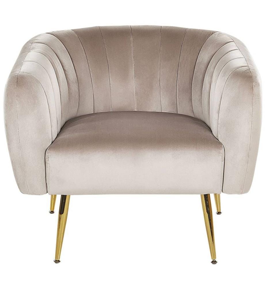 Cocktailsessel Taupe Polsterbezug aus Samtstoff mit Metallgestell in Gold Glamouröser Edler Stil Wohnzimmer Salon Esszimmer Flur