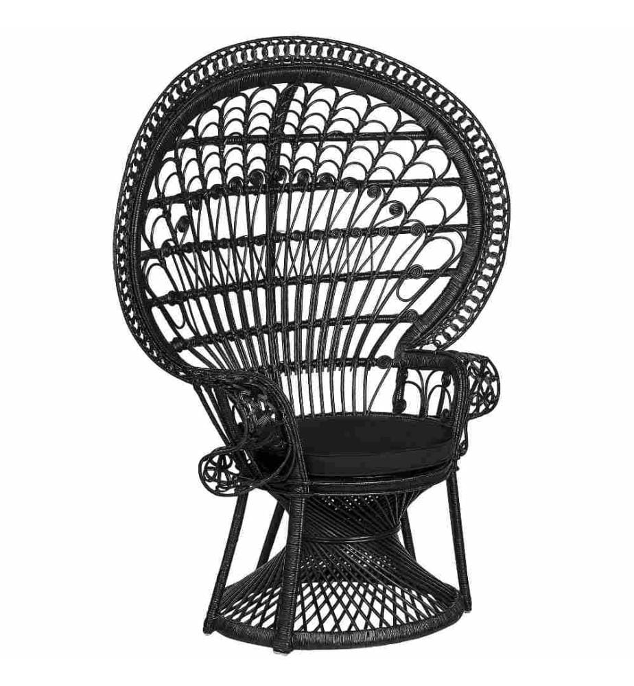 Pfauensessel Schwarz Rattan mit Kissen aus Baumwolle Indoor u. Outdoor Garten Lounge Terrasse Patio Balkon Wohnzimmer Schlafzimmer Möbel