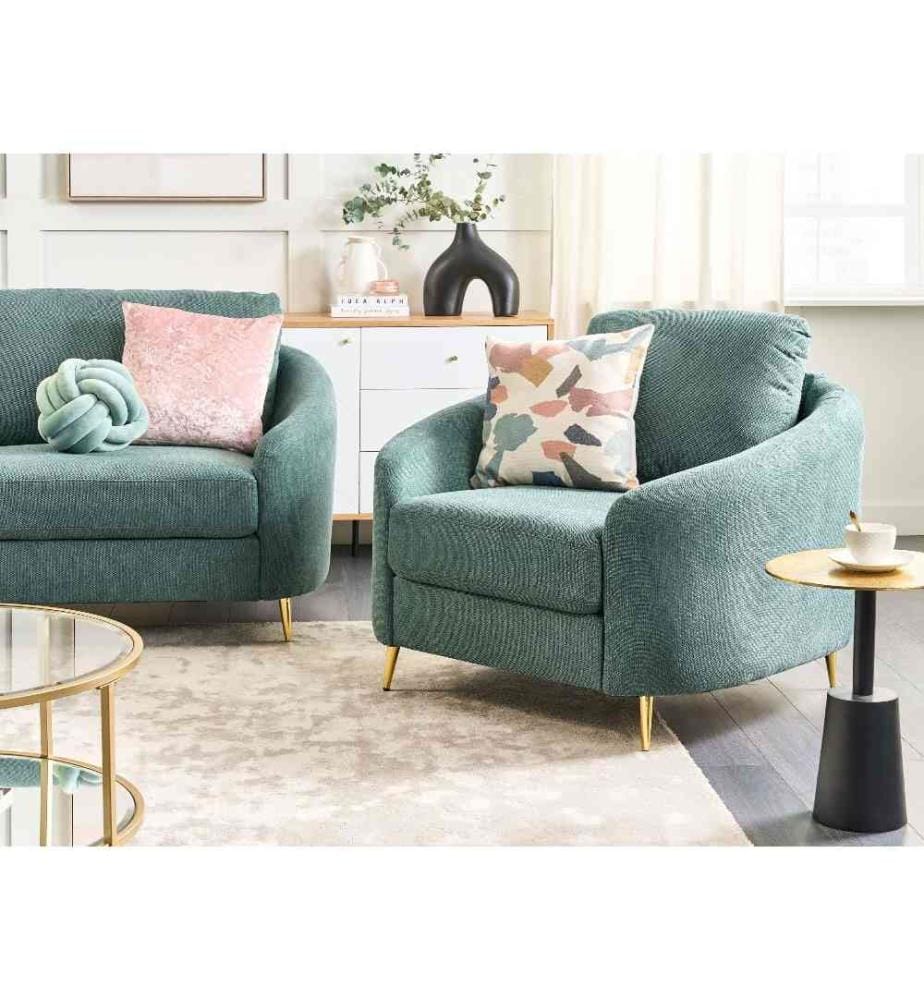 Sessel Mintgrün Stoffbezug mit Armlehnen Goldenen Metallfüssen Glamourös Modern Wohnzimmer Schlafzimmer Möbel Sitzmöbel