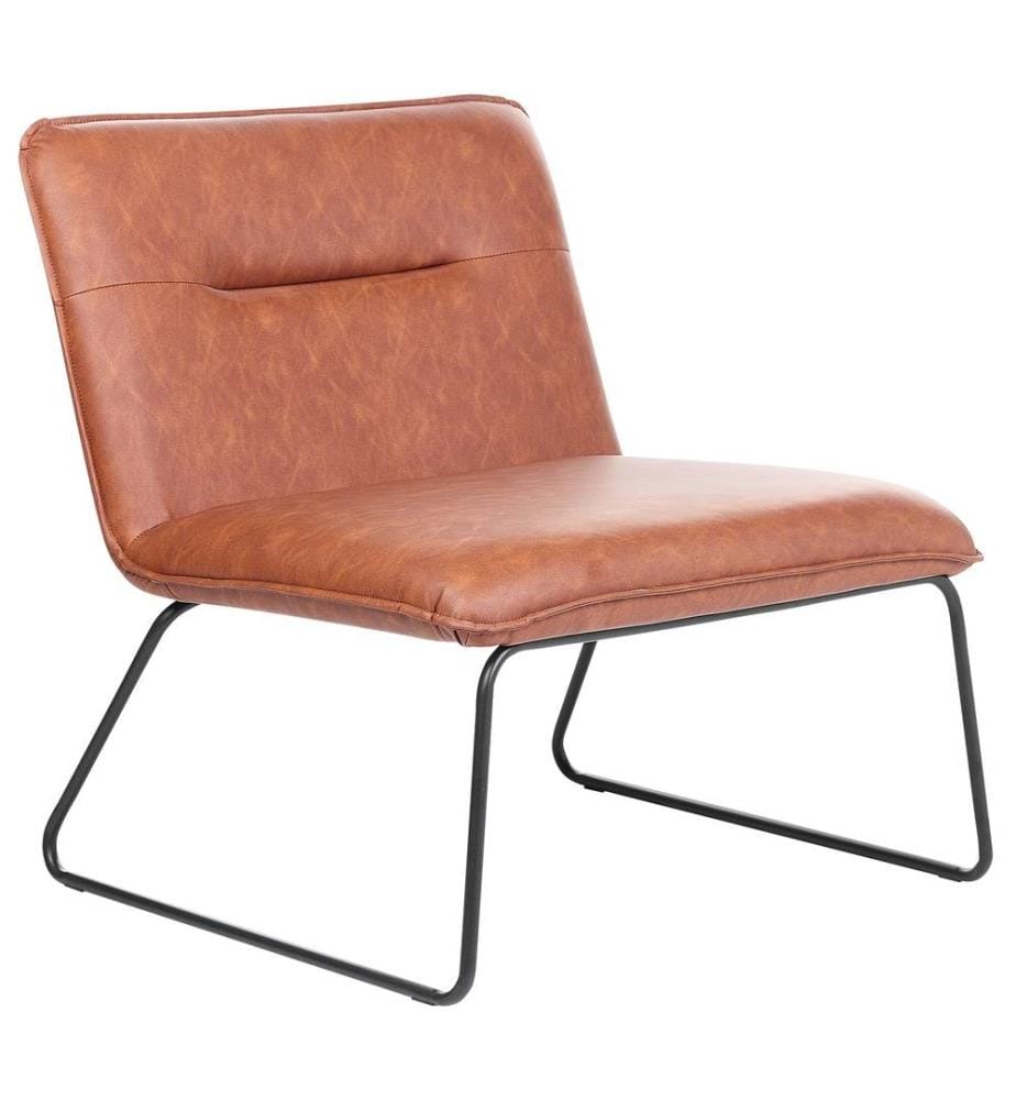 Sessel Goldbraun Kunstleder mit Breiter Sitzfläche Schwarzem Metallgestell Kufen Retro-Design Wohnzimmer Möbel Ausstattung Sitzmöbel