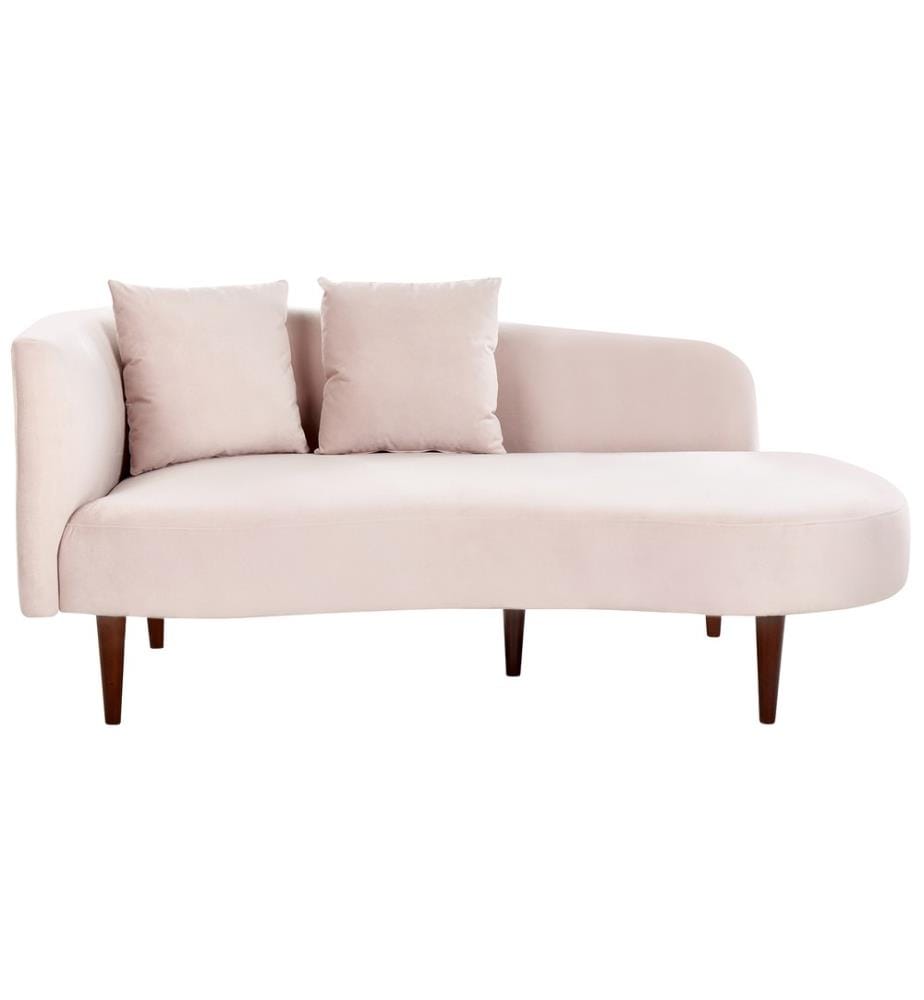 Chaiselongue Linksseitig Pastellrosa Samtstoff Holzfüsse Dunkelbraune Beine Kissen Inklusive Glamourös Wohzimmer
