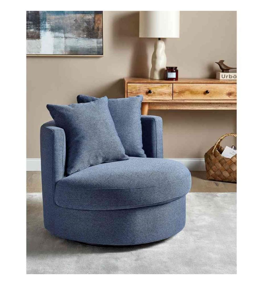 Poltrona Beig,e chiaro in poliestere con base girevole in ferro Due cuscini sfoderabili Schienale rotondo Soggiorno moderno in stile glam