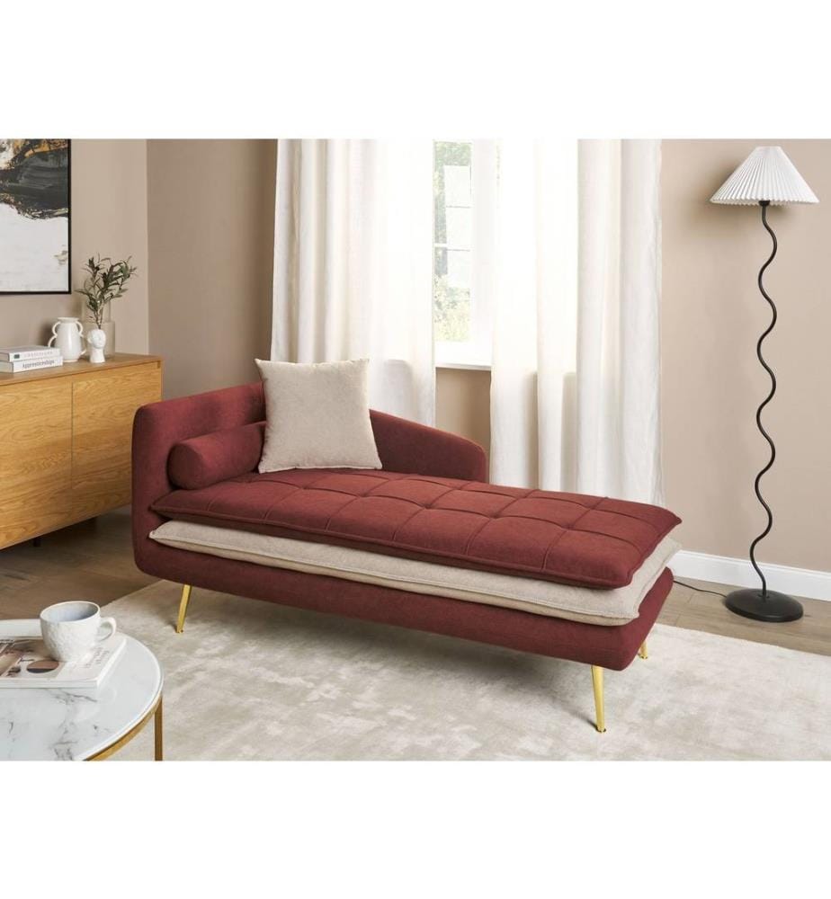Chaise Longue Côté Gauche Rouge en Tissu Rembourré et Pieds Dorés Méridienne Confortable Salon Glamour Moderne