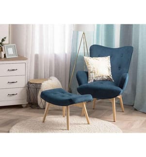 Ohrensessel mit Hocker Blau Samtstoff Gummibaumholz Moderner-Look für Wohnzimmer Schlafzimmer