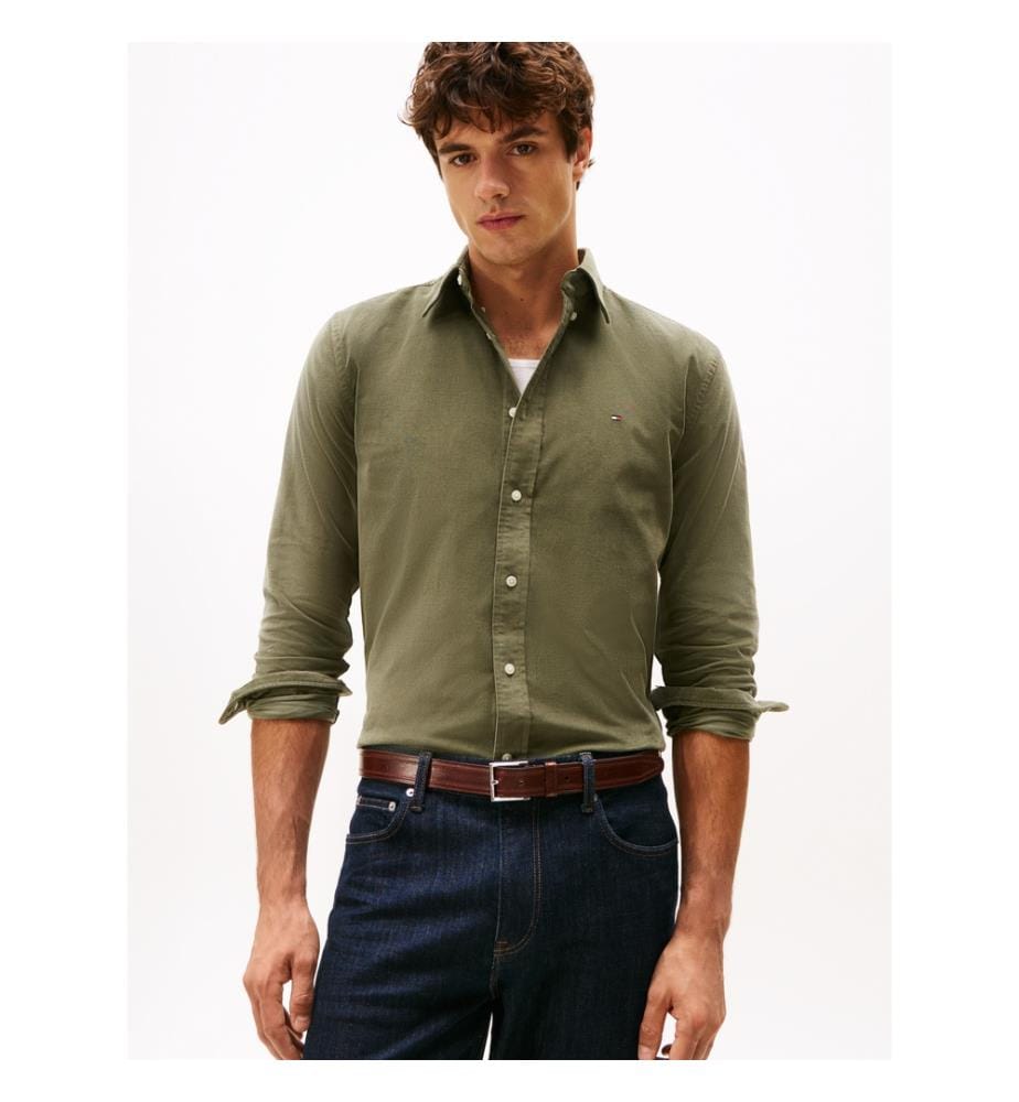 Chemise En Velours Côtelé À Broderie Drapeau Coupe Classique - Vert De Bataille