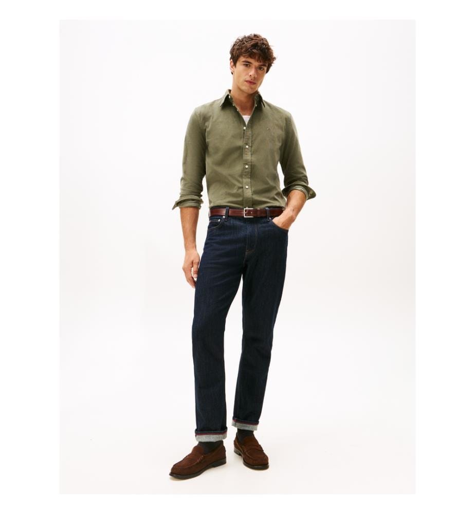 Chemise En Velours Côtelé À Broderie Drapeau Coupe Classique - Vert De Bataille