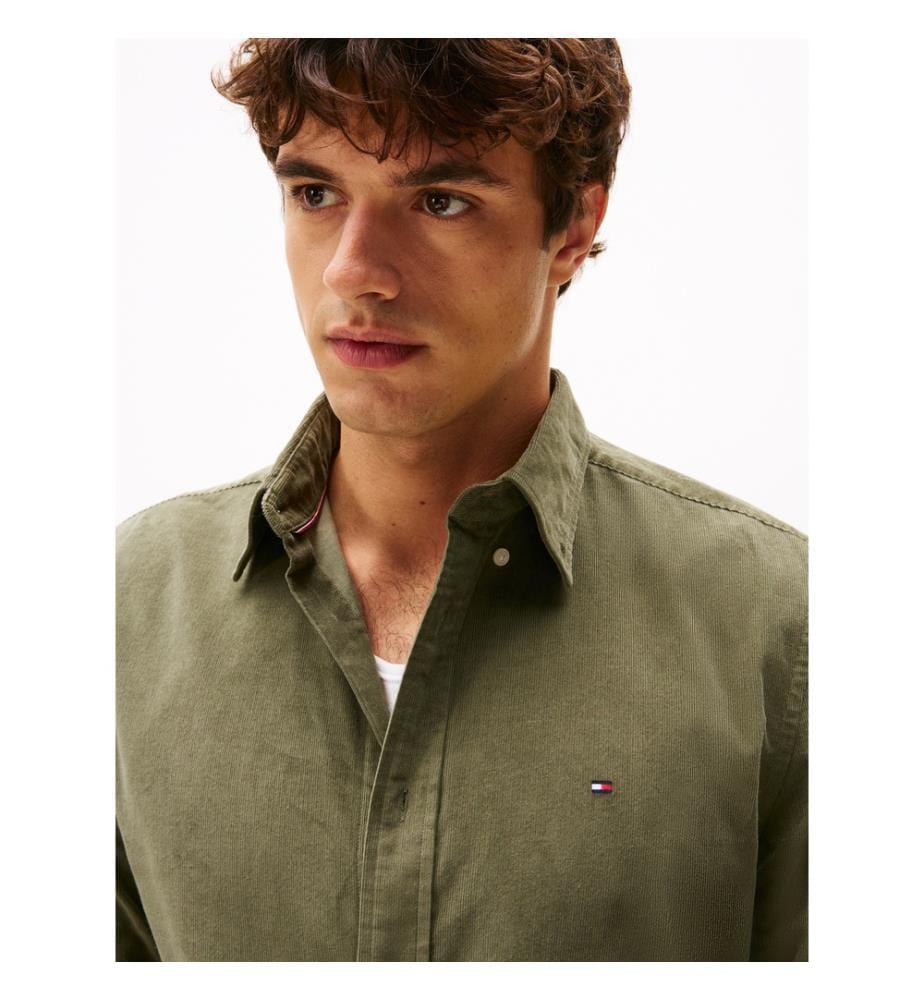 Chemise En Velours Côtelé À Broderie Drapeau Coupe Classique - Vert De Bataille