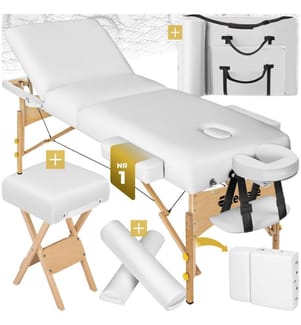 Set lettino da massaggio a 3 zone con 10 cm di imbottitura, cuscini posturali e supporto in legno - bianco