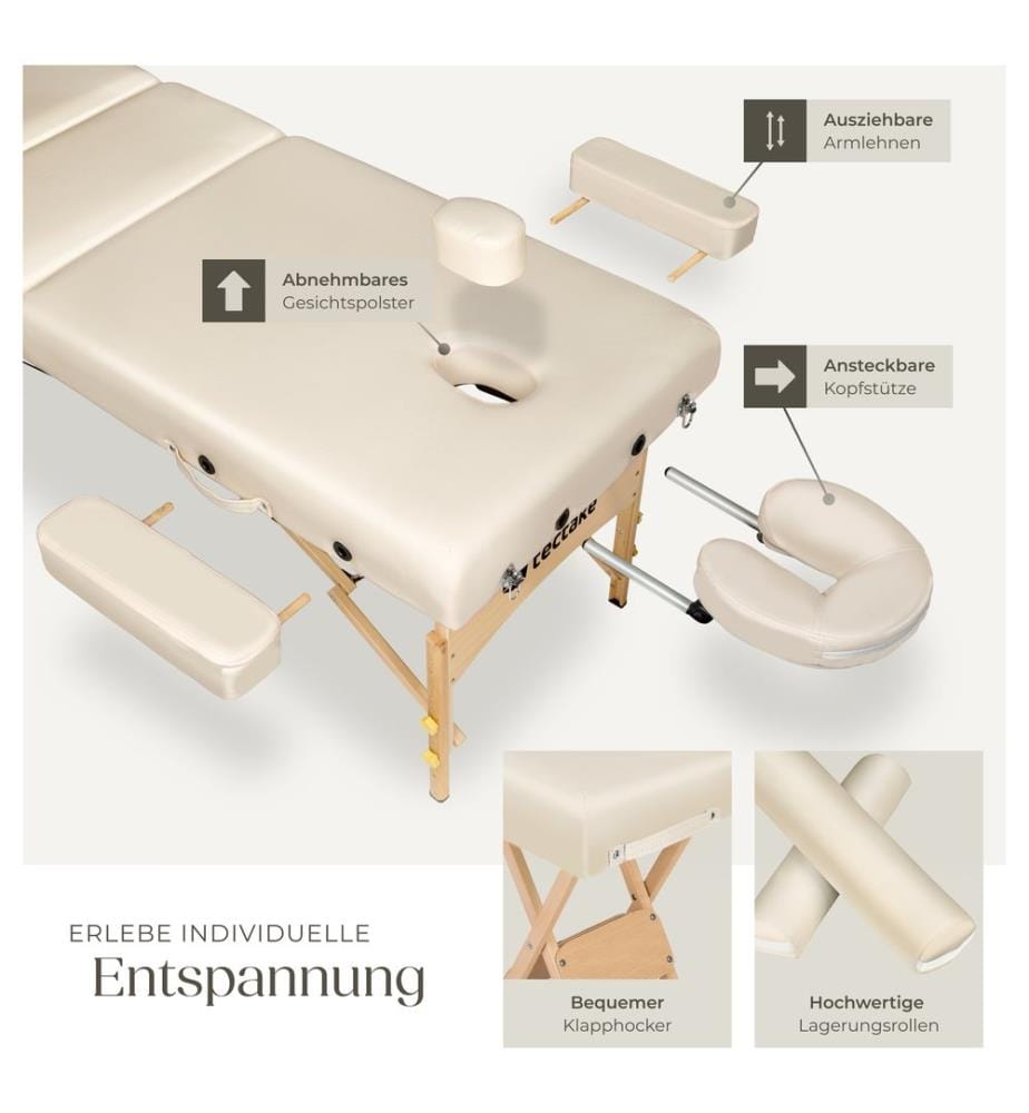 Massage Table - folding, 10 cm thick padding, with stool, bolsters & carry bag - beige