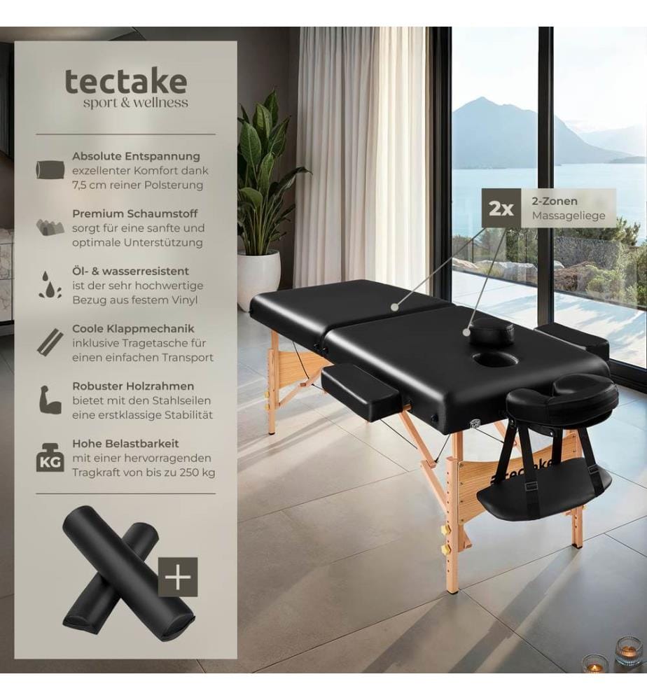 Table de massage Pliante 2 Zones 7,5 cm d'épaisseur - noir