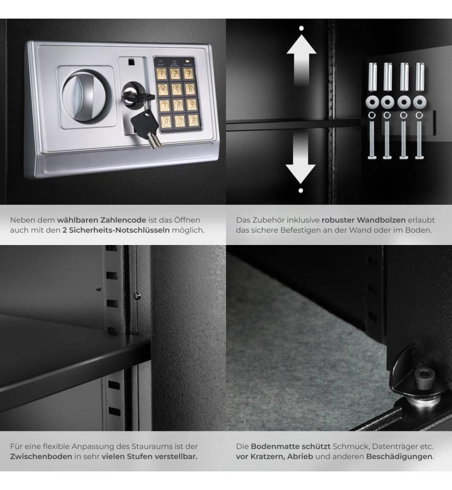 Safe - electronic, double bolt system, LED display, code and keys, 50 x 35 x 345 cm - black