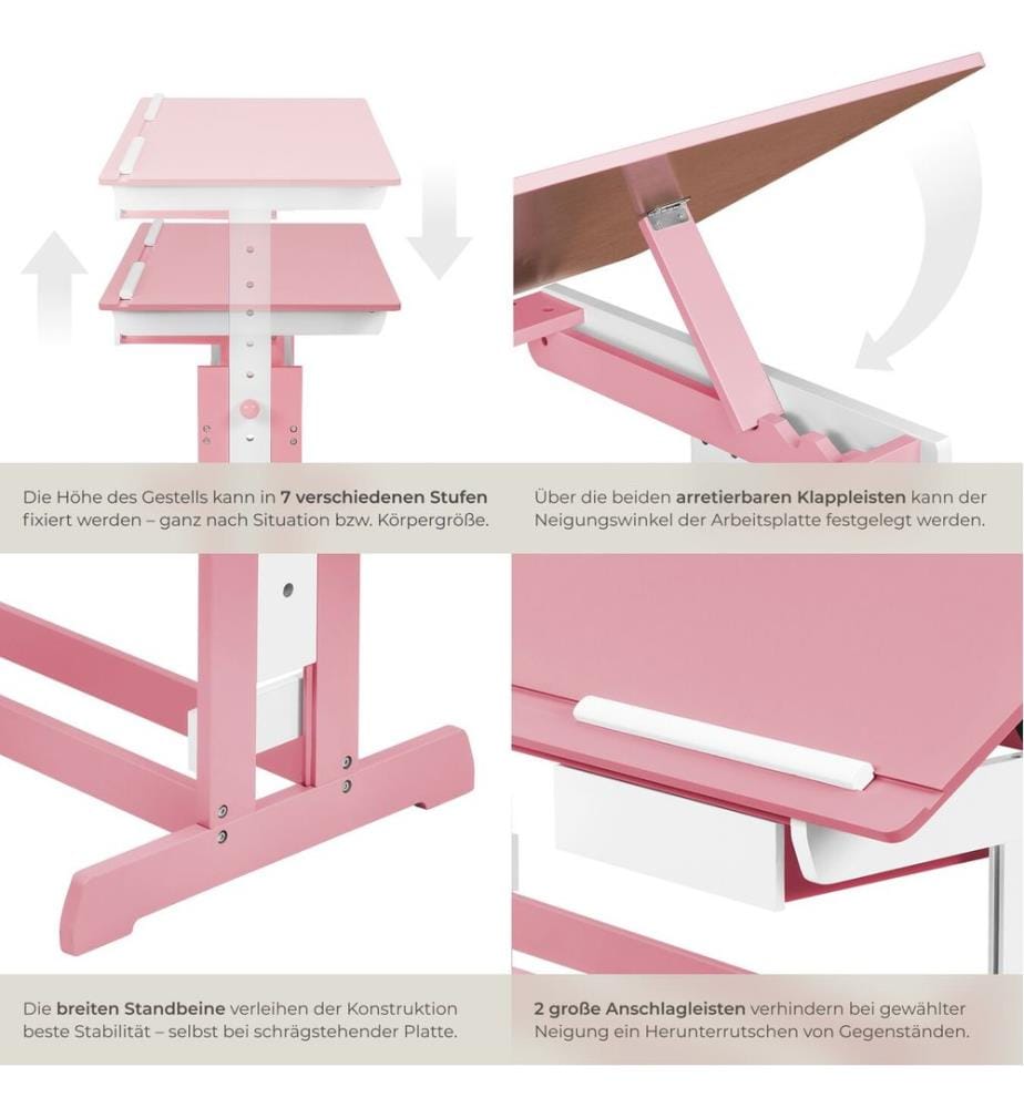 Bureau réglable en hauteur et inclinable 109x55x63-94 cm - rose vif