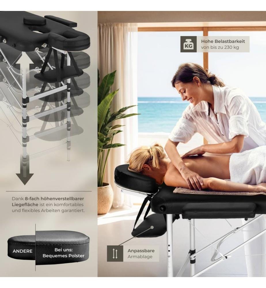 Table de massage pliante 2 zones en aluminium portable housse - noir