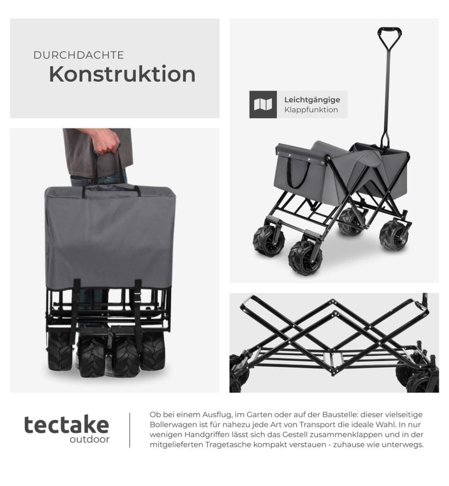 Faltbarer Bollerwagen mit breiten Reifen Belastbarkeit 80kg - grau