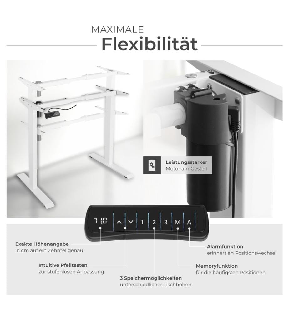 Standing Desk Frame - electrically height-adjustable, width adjustable - white