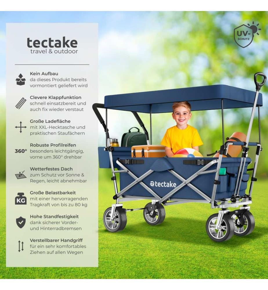 Garden Trolley Nico - foldable, with roof, telescopic handle, brake function, bag - blue