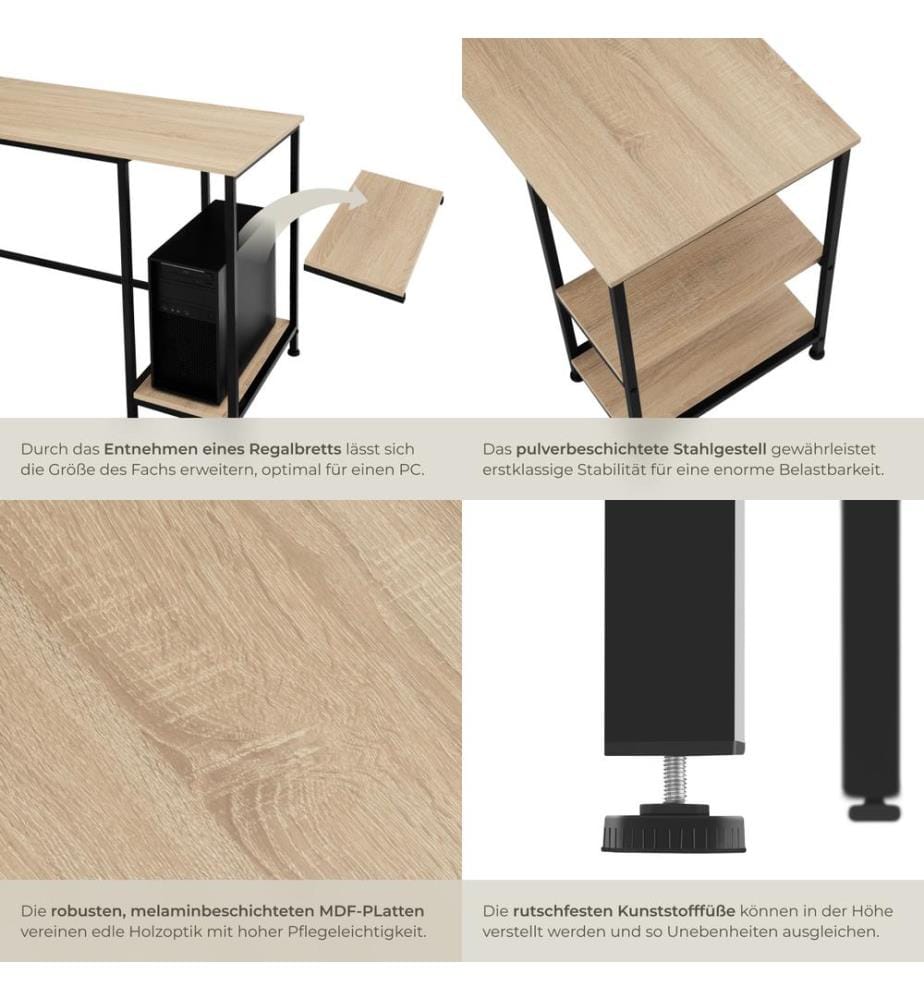 Bureau informatique DONEGAL 140x60x76,5 cm - Bois clair industriel, Chêne Sonoma